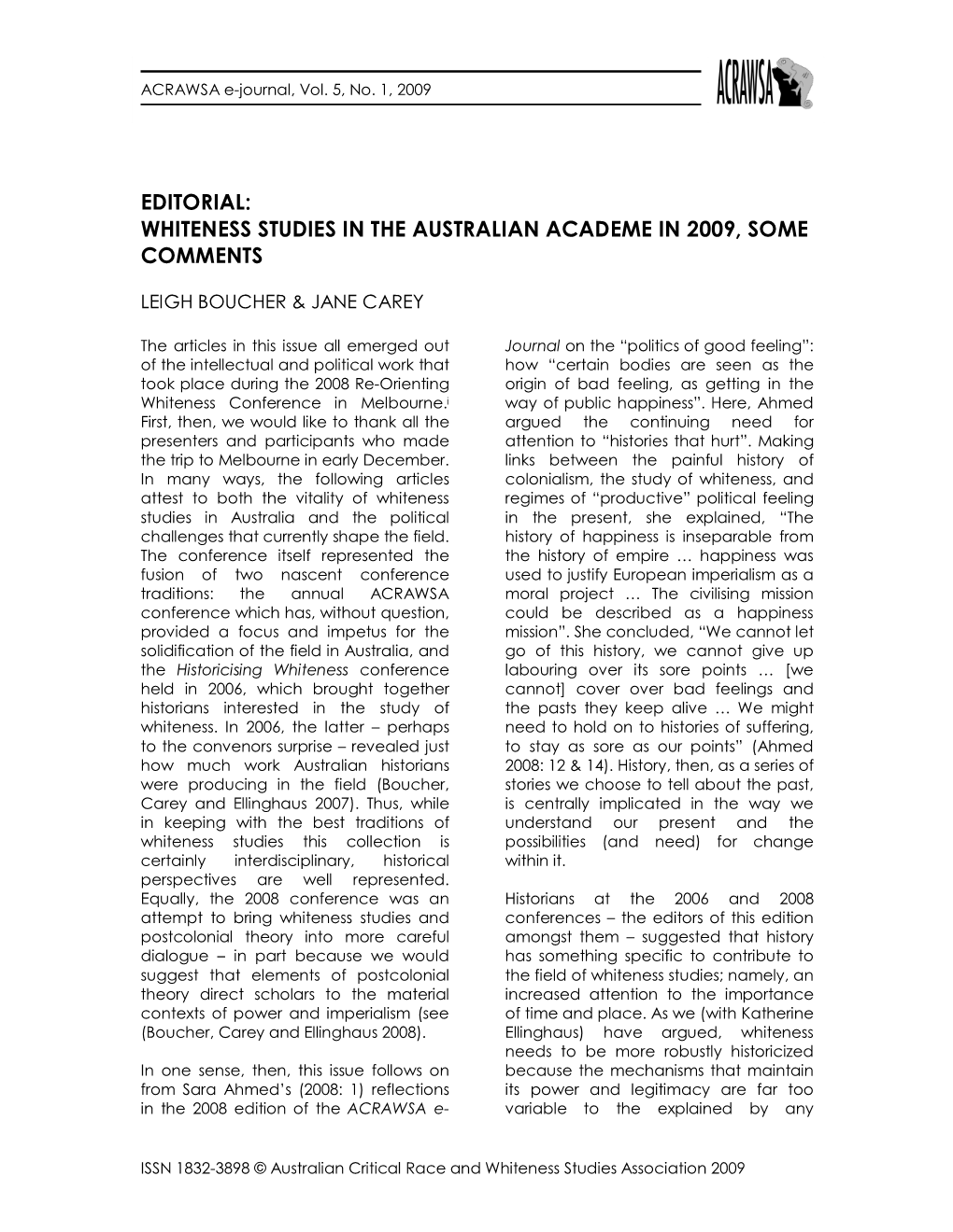 Whiteness Studies in the Australian Academe in 2009, Some Comments