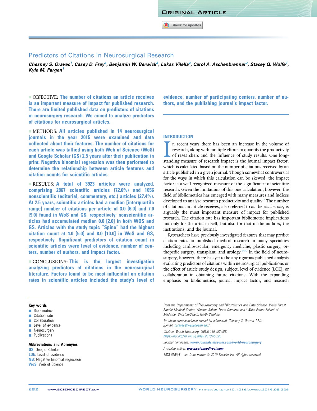 Predictors of Citations in Neurosurgical Research Chesney S