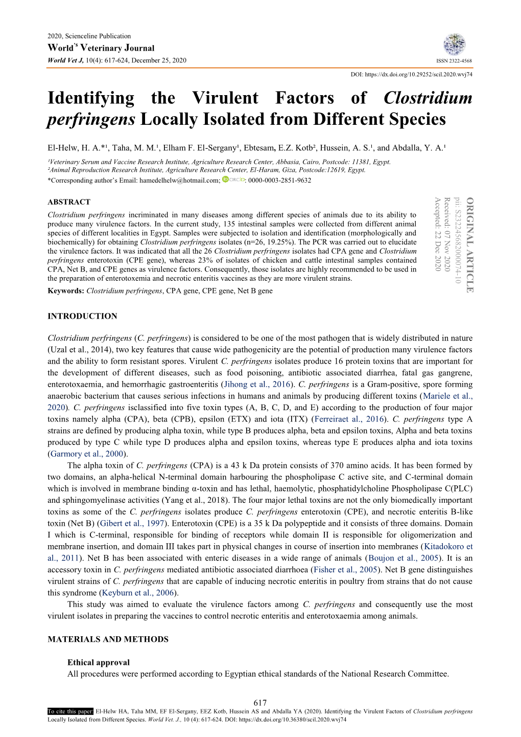 Identifying the Virulent Factors of Clostridium Perfringens Locally Isolated from Different Species