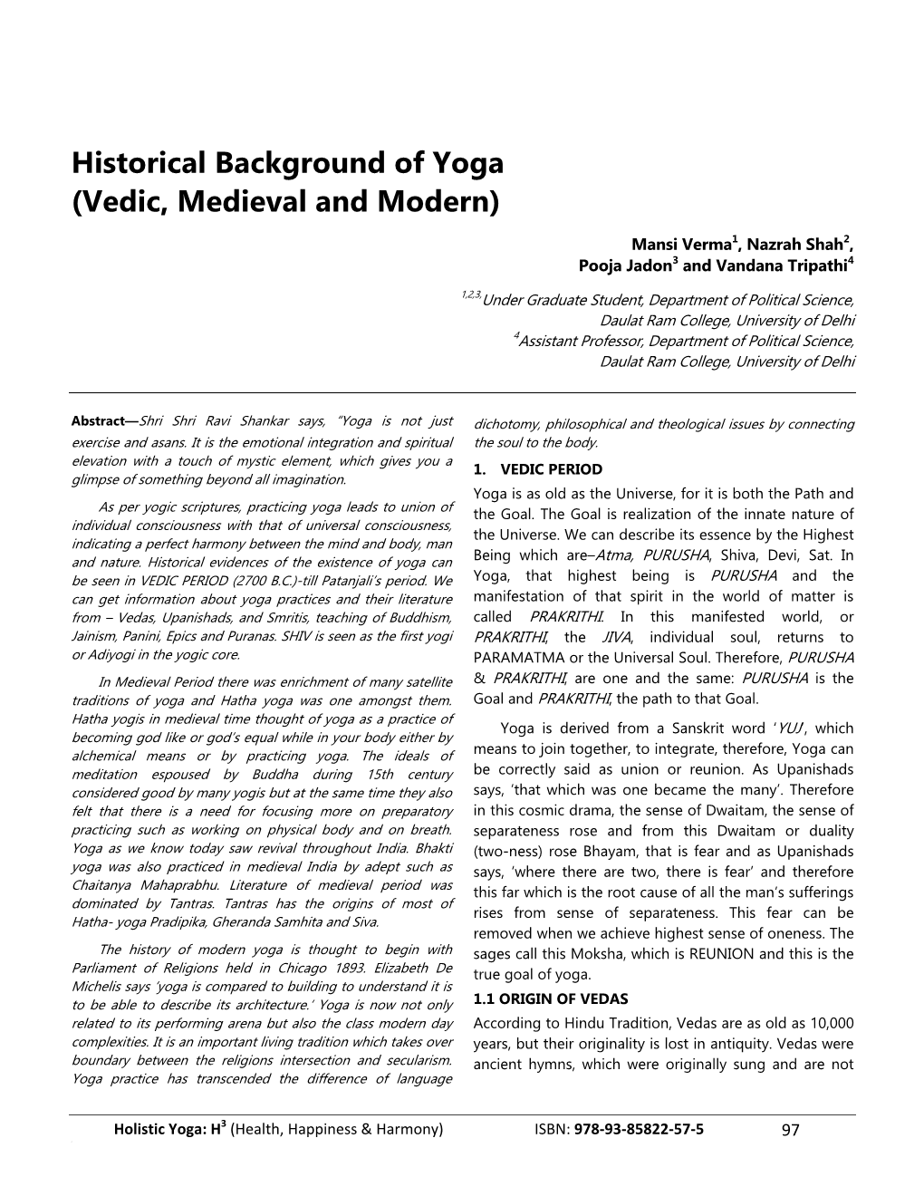 Historical Background of Yoga (Vedic, Medieval and Modern)