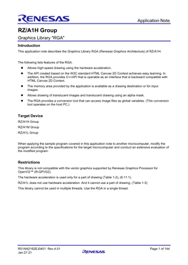 RZ/A1H Group Graphics Library "RGA" Introduction This Application Note Describes the Graphics Library RGA (Renesas Graphics Architecture) of RZ/A1H