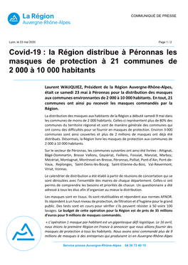La Région Distribue À Péronnas Les Masques De Protection À 21 Communes De 2 000 À 10 000 Habitants