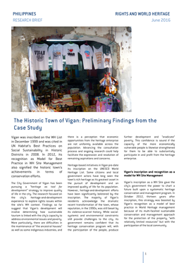 The Historic Town of Vigan: Preliminary Findings from the Case