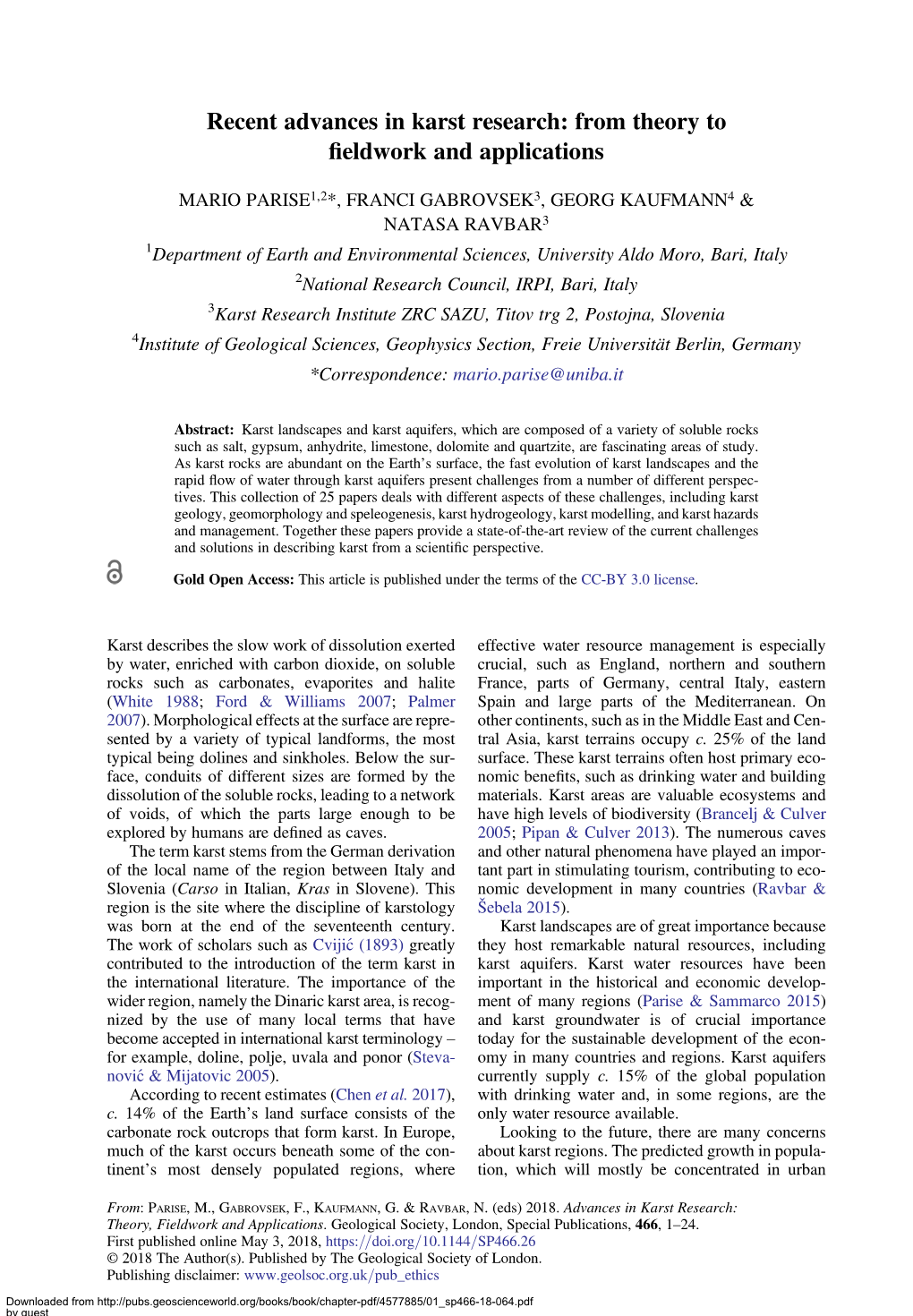 Recent Advances in Karst Research: from Theory to ﬁeldwork and Applications