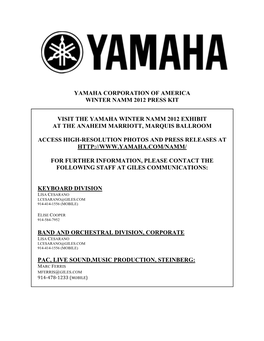 Yamaha Corporation of America Winter Namm 2012 Press Kit