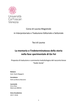 La Memoria E L'indeterminatezza Della Storia Nella Fase Sperimentale Di Ge Fei