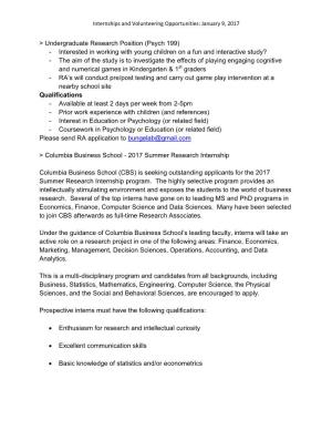 Undergraduate Research Position (Psych 199)