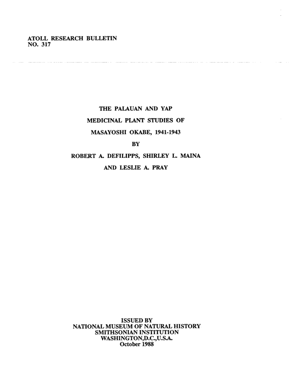 Atoll Research Bulletin No. 317 the Palauan and Yap