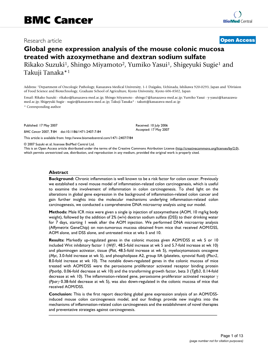 Global Gene Expression Analysis of the Mouse Colonic Mucosa Treated