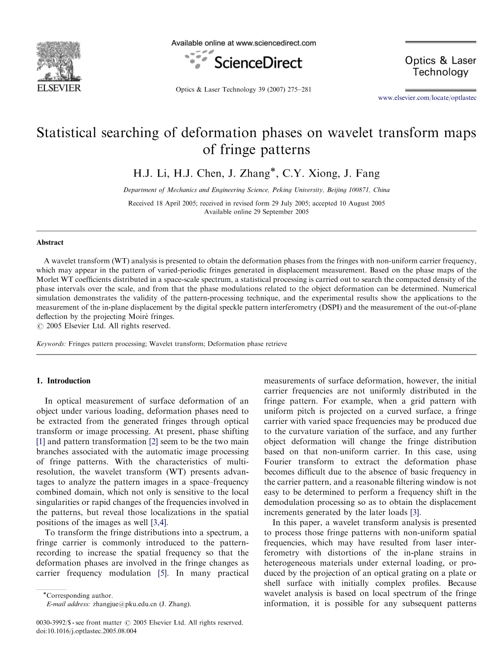 Statistical Searching of Deformation Phases on Wavelet Transform Maps of Fringe Patterns