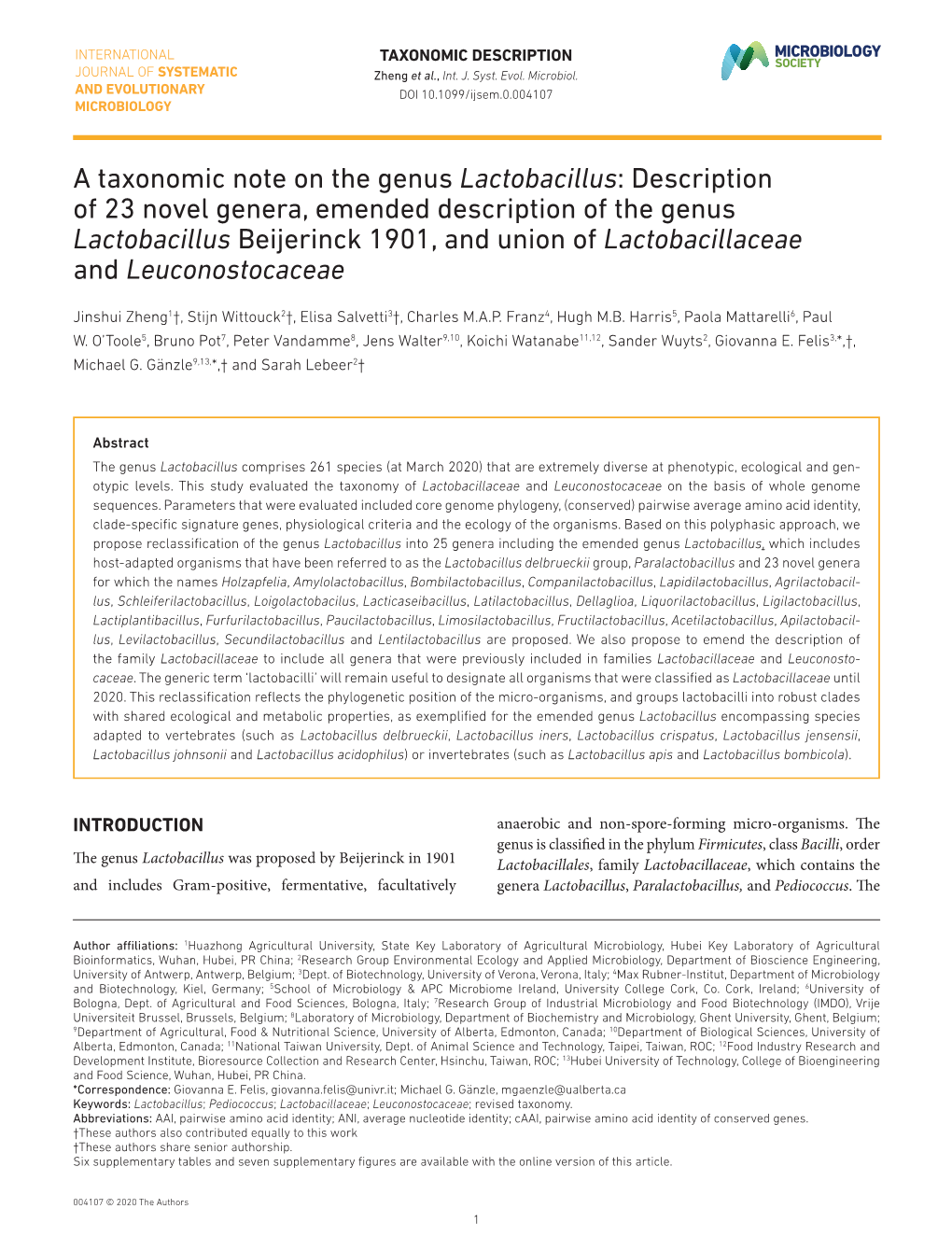 A Taxonomic Note on the Genus Lactobacillus