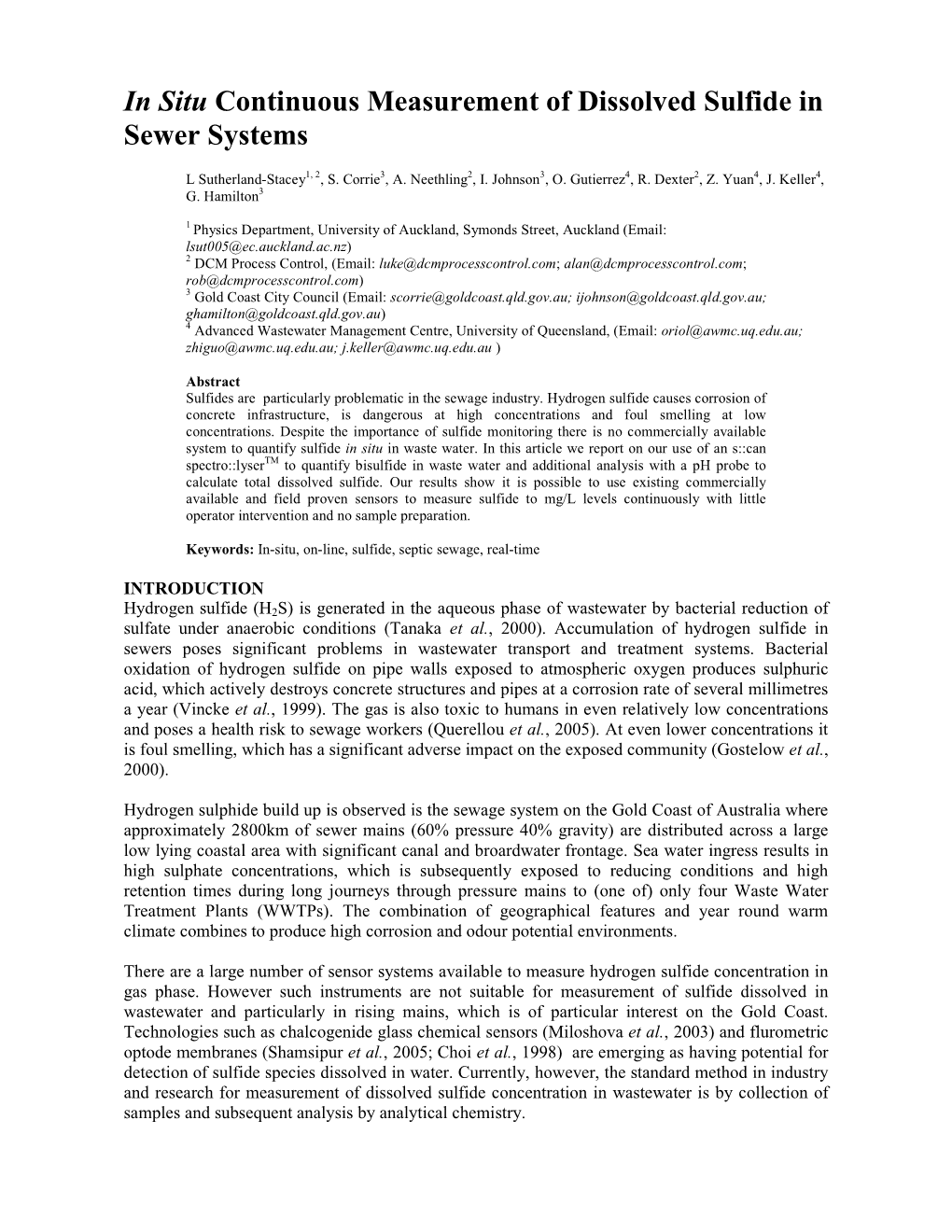 In Situ Continuous Measurement of Dissolved Sulfide in Sewer Systems