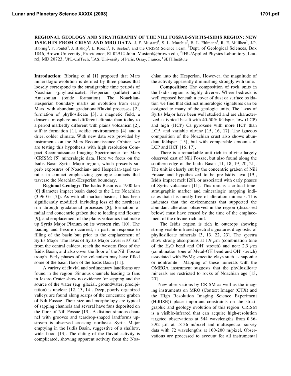 Regional Geology and Stratigraphy of the Nili Fossae-Syrtis-Isidis Region: New Insights from Crism and Mro Data