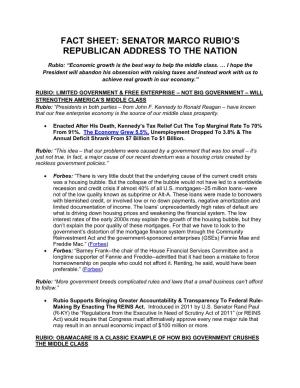 Fact Sheet: Senator Marco Rubio’S Republican Address to the Nation