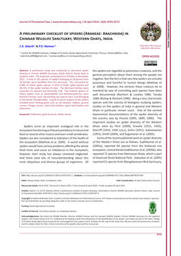 A Preliminary Checklist of Spiders (Araneae: Arachnida) in Chinnar Wildlife Sanctuary, Western Ghats, India