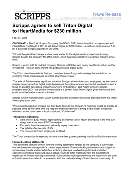Scripps Agrees to Sell Triton Digital to Iheartmedia for $230 Million