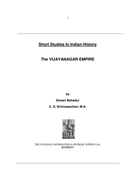 Short Studies in Indian History the VIJAYANAGAR EMPIRE