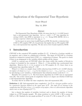 Implications of the Exponential Time Hypothesis
