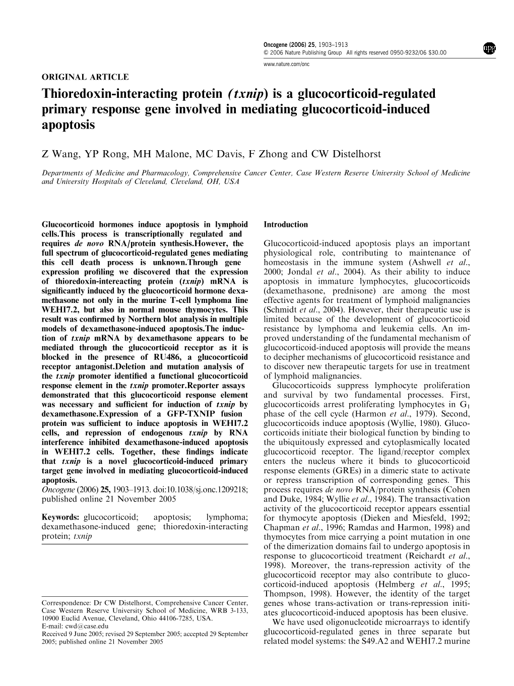 Thioredoxin-Interacting Protein (Txnip) Is a Glucocorticoid-Regulated Primary Response Gene Involved in Mediating Glucocorticoid-Induced Apoptosis