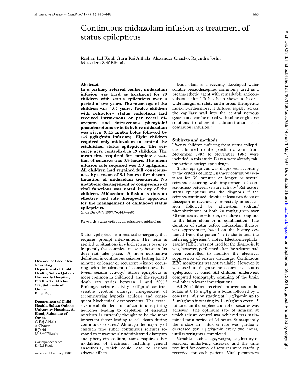 Continuous Midazolam Infusion As Treatment of Status Epilepticus