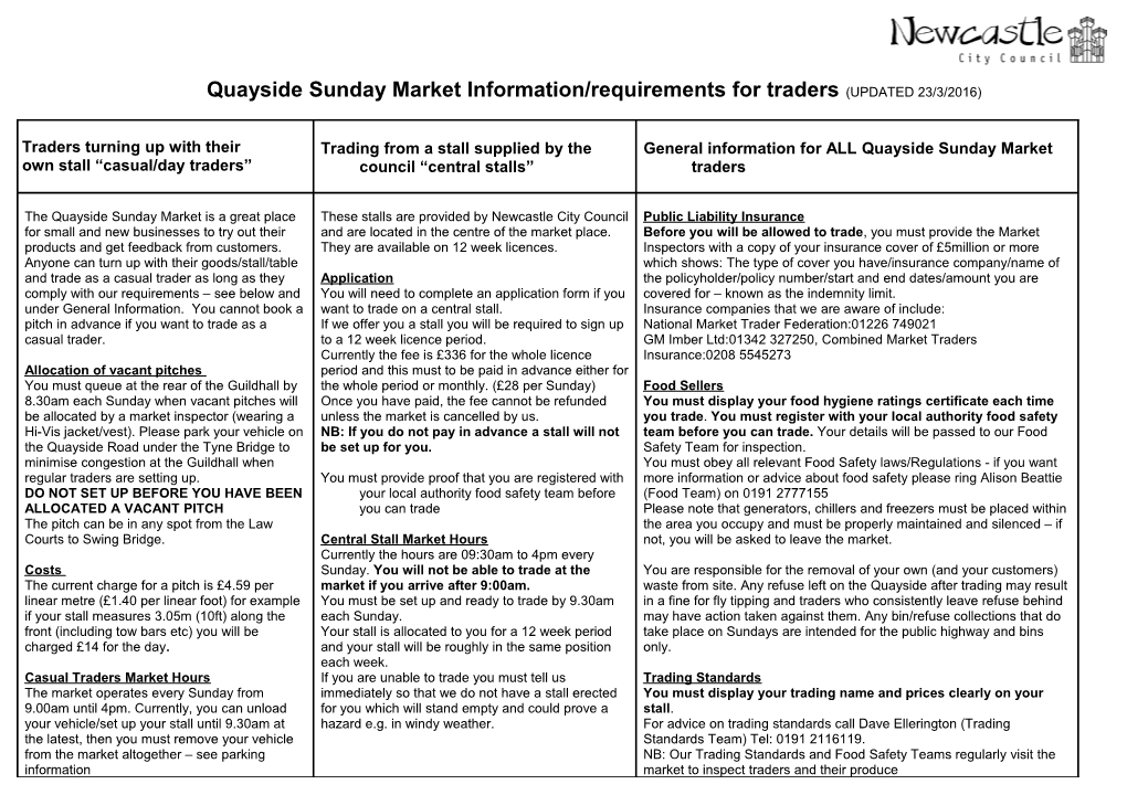 Quayside Sunday Market Information/Requirements for Traders (UPDATED 23/3/2016)