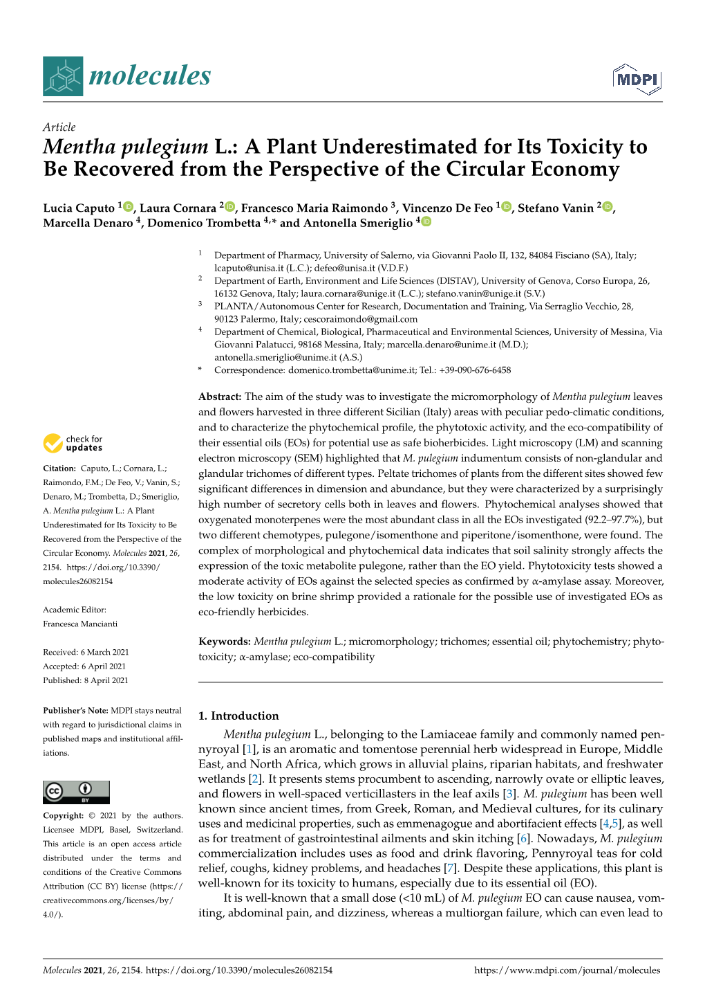 Mentha Pulegium L.: a Plant Underestimated for Its Toxicity to Be Recovered from the Perspective of the Circular Economy