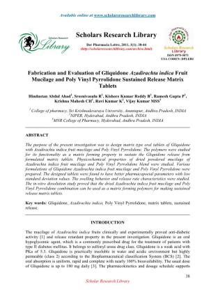 Fabrication and Evaluation of Gliquidone Azadirachta Indica Fruit Mucilage and Poly Vinyl Pyrrolidone Sustained Release Matrix Tablets