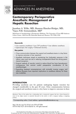 Contemporary Perioperative Anesthetic Management of Hepatic Resection