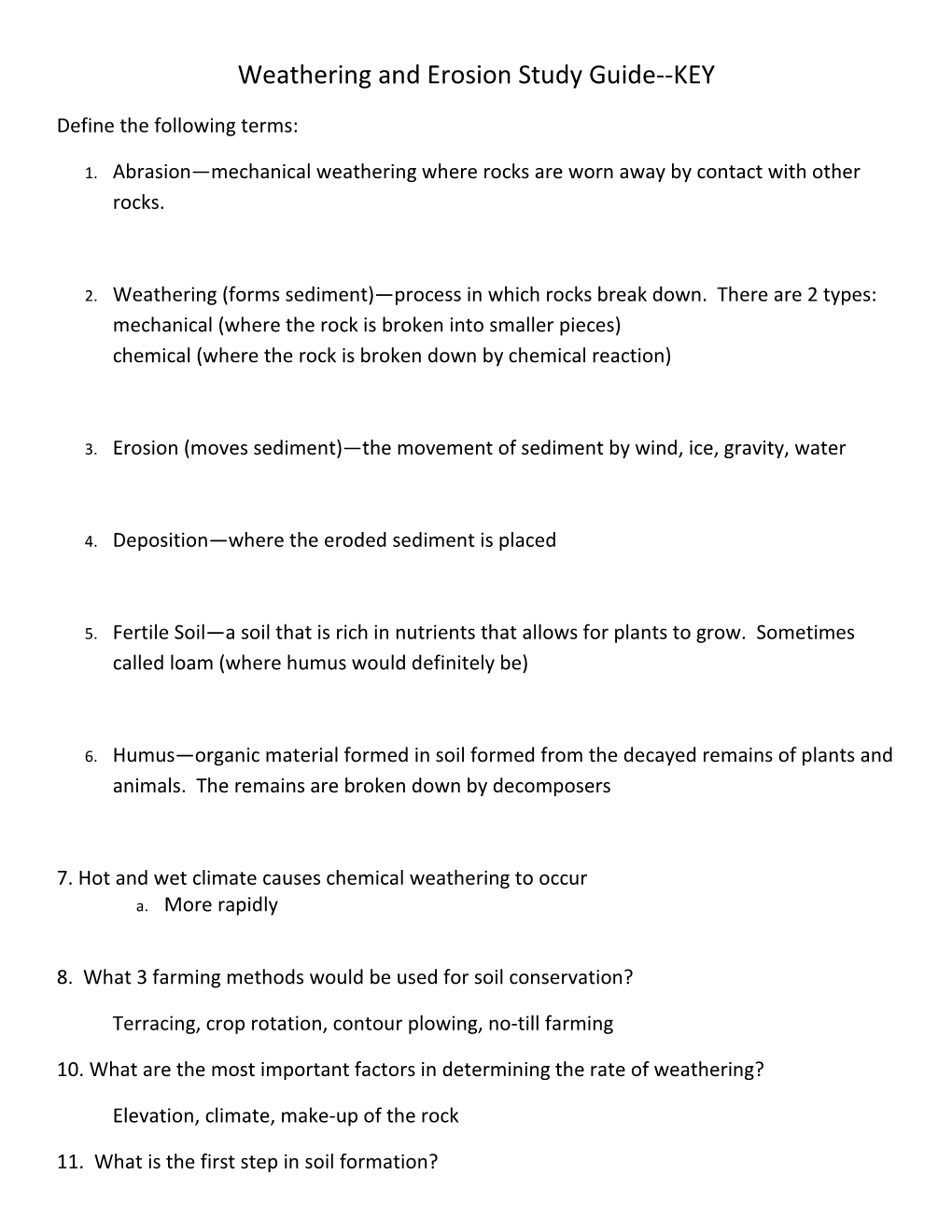 Weathering and Erosion Study Guide KEY