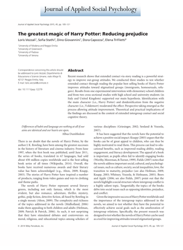 The Greatest Magic of Harry Potter: Reducing Prejudice Loris Vezzali1, Soﬁa Stathi2, Dino Giovannini1, Dora Capozza3, Elena Triﬁletti4