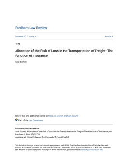 Allocation of the Risk of Loss in the Transportation of Freight--The Function of Insurance