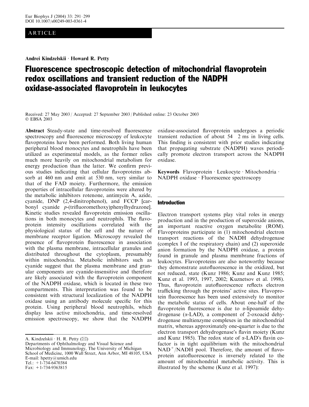 Fluorescence Spectroscopic Detection of Mitochondrial Flavoprotein Redox