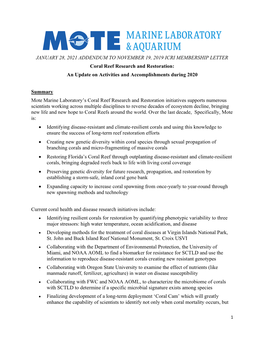 JANUARY 28, 2021 ADDENDUM to NOVEMBER 19, 2019 ICRI MEMBERSHIP LETTER Coral Reef Research and Restoration: an Update on Activities and Accomplishments During 2020