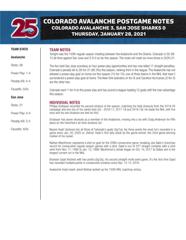Colorado Avalanche Postgame Notes Colorado Avalanche 3, San Jose Sharks 0 Thursday, January 28, 2021