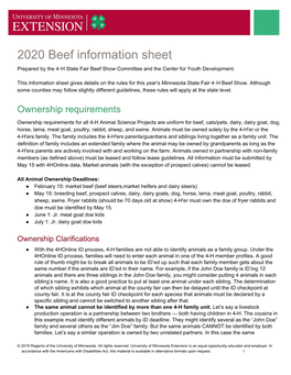 2020 Beef Information Sheet Prepared by the 4 H State Fair Beef Show Committee and the Center for Youth Development