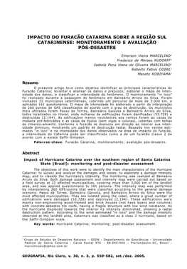 Catarina Sobre a Região Sul Catarinense: Monitoramento E Avaliação Pós-Desastre