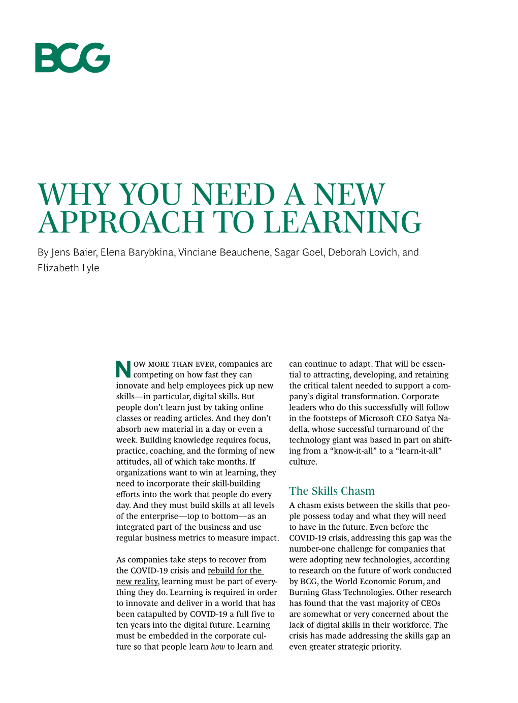 WHY YOU NEED a NEW APPROACH to LEARNING by Jens Baier, Elena Barybkina, Vinciane Beauchene, Sagar Goel, Deborah Lovich, and Elizabeth Lyle