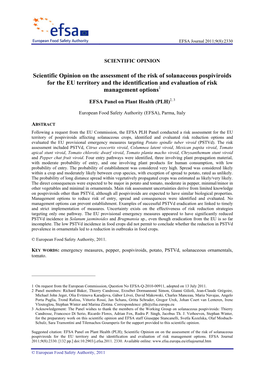 Scientific Opinion on the Assessment of the Risk of Solanaceous Pospiviroids for the EU Territory and the Identification and Evaluation of Risk Management Options1