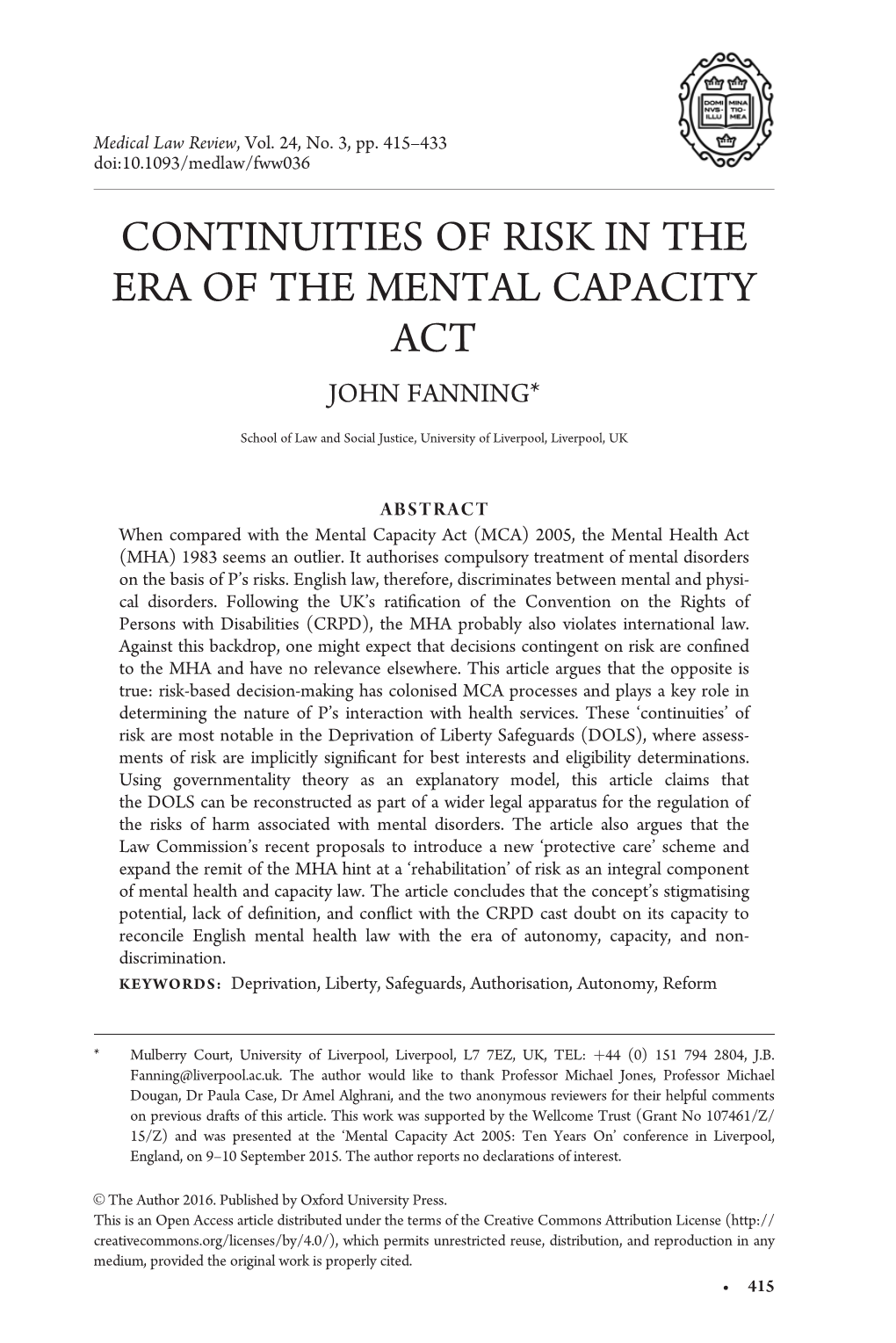 Continuities of Risk in the Era of the Mental Capacity Act John Fanning*