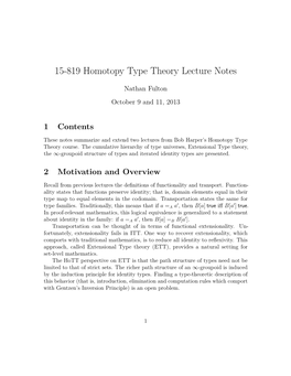 15-819 Homotopy Type Theory Lecture Notes