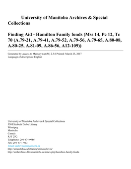 Hamilton Family Fonds (Mss 14, Pc 12, Tc 70 (A.79-21, A.79-41, A.79-52, A.79-56, A.79-65, A.80-08, A.80-25, A.81-09, A.86-56, A12-109))