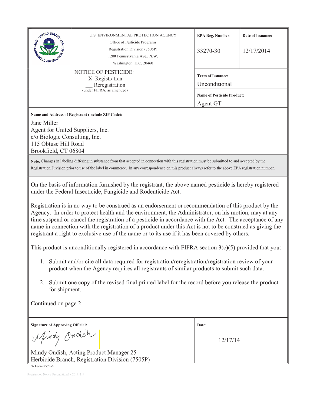 US EPA, Pesticide Product Label, AGENT GT,12/17/2014