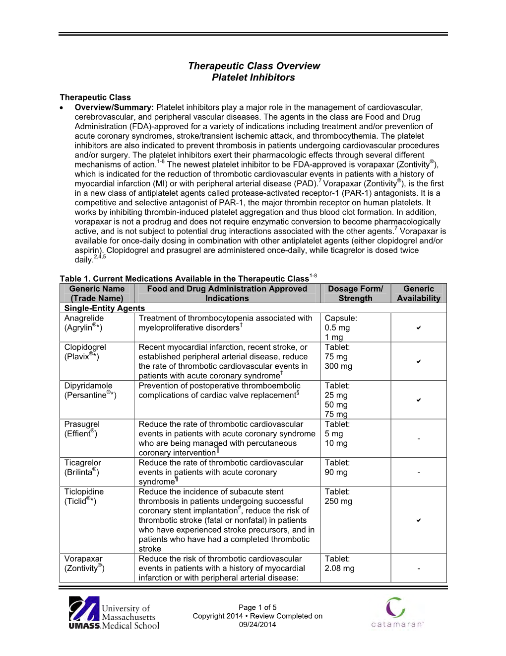 Therapeutic Class Overview Platelet Inhibitors