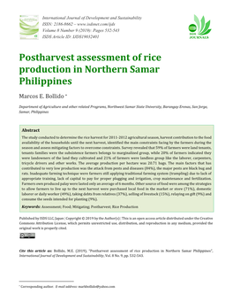 Postharvest Assessment of Rice Production in Northern Samar Philippines