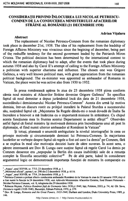 The Replacement of Nicolae Petrescu-Cornnen from the Romanian Diplomacy Took Place in December 21 St, 1938