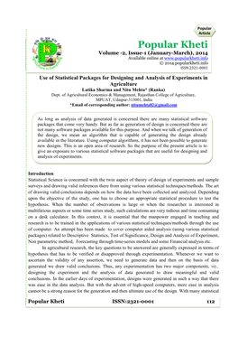 Use of Statistical Packages for Designing and Analysis of Experiments in Agriculture Latika Sharma and Nitu Mehta* (Ranka) Dept