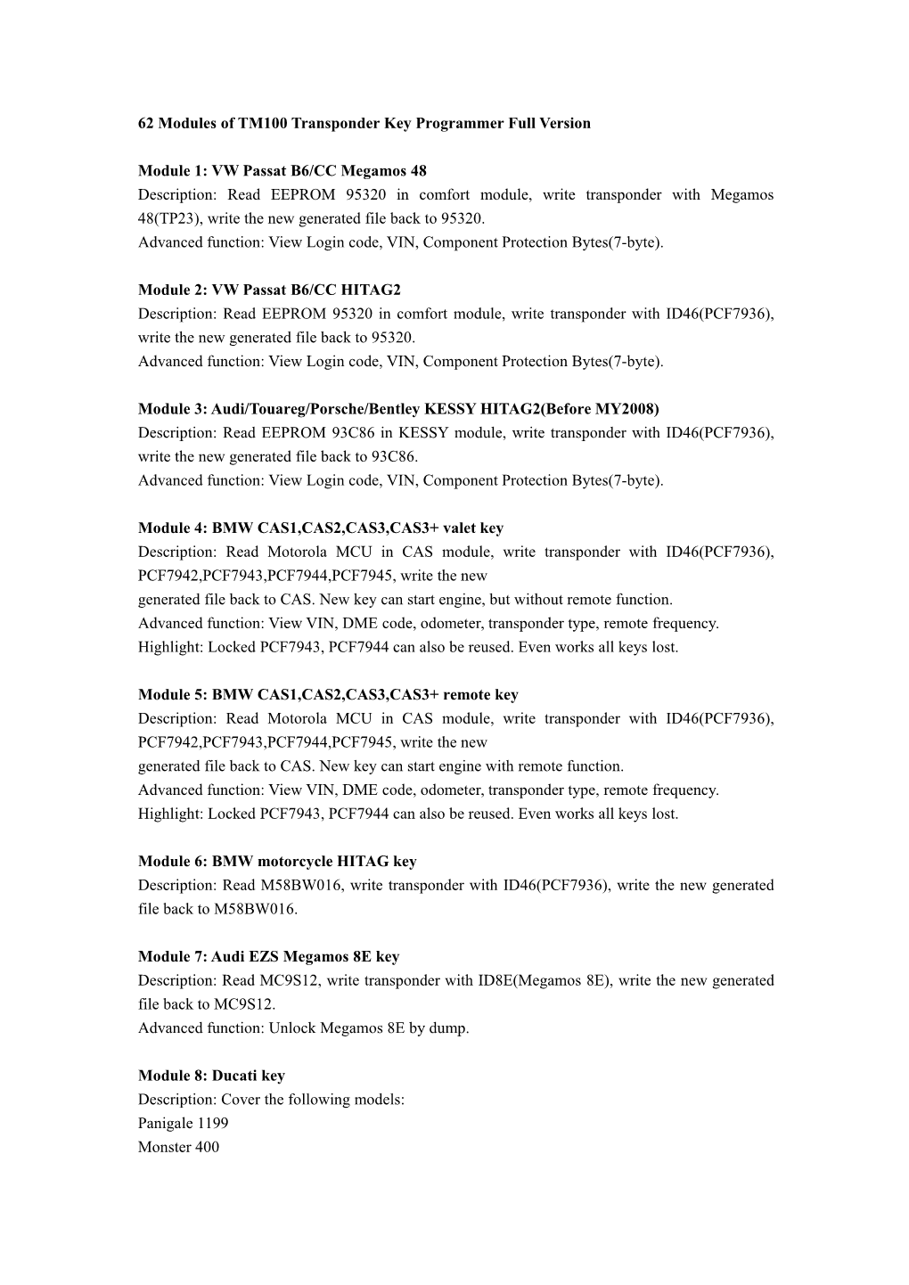 62 Modules of TM100 Transponder Key Programmer Full Version