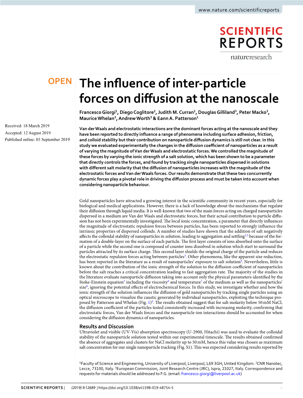 The Influence of Inter-Particle Forces on Diffusion at the Nanoscale