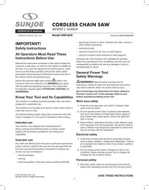 Cordless Chain Saw 40-Volt | 16-Inch Operator’S Manual