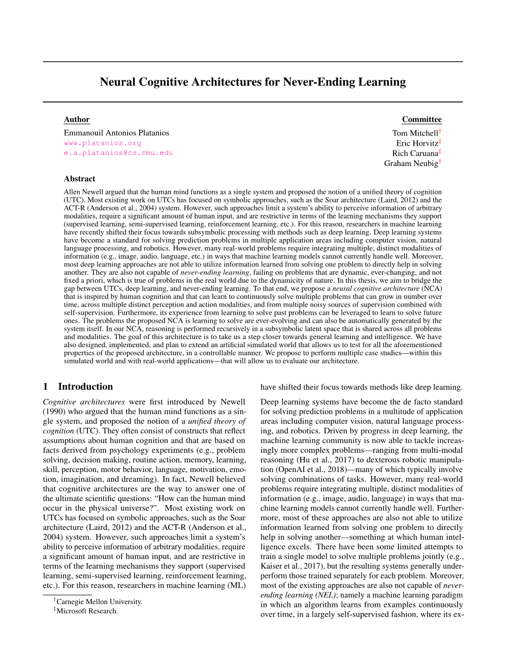 Neural Cognitive Architectures for Never-Ending Learning